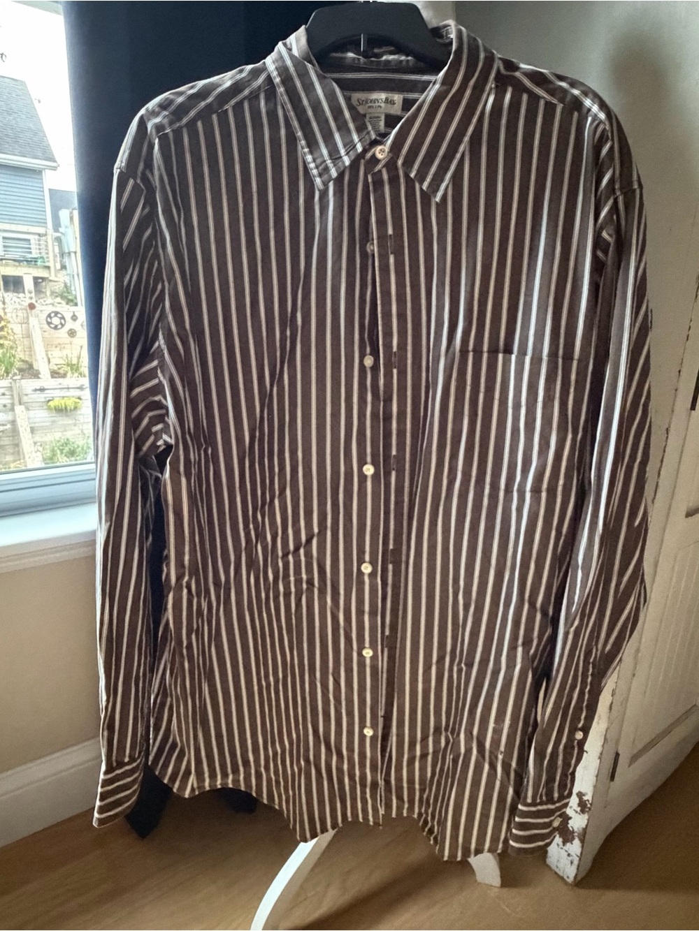 Big & Tall XLT St. John's Bay Brown and White Vertical Stripe Button-Down Shirt